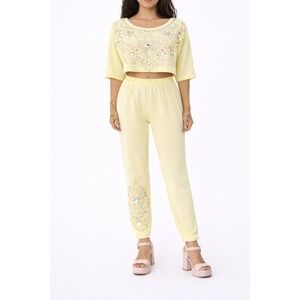 80s Vintage Ivory Puff Paint Jewel Cropped Dolman Sleeve & Pant Suit Set Women S